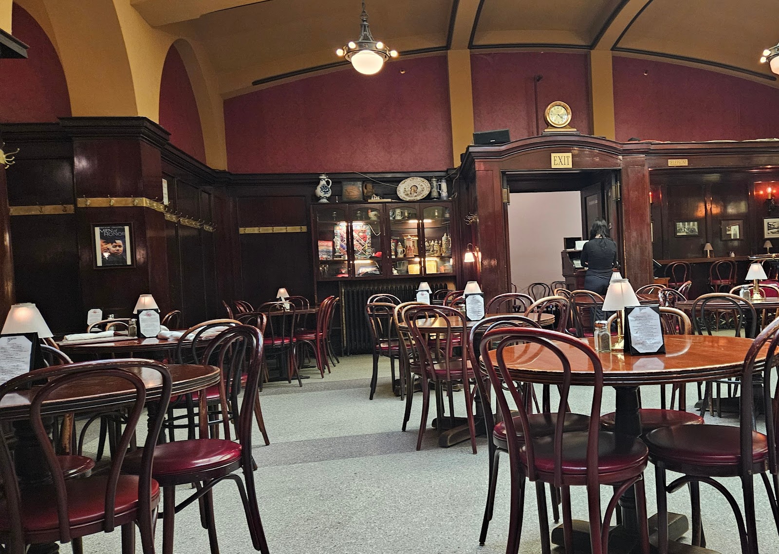 Inside Huber's Cafe — the historic stained-glass dining room